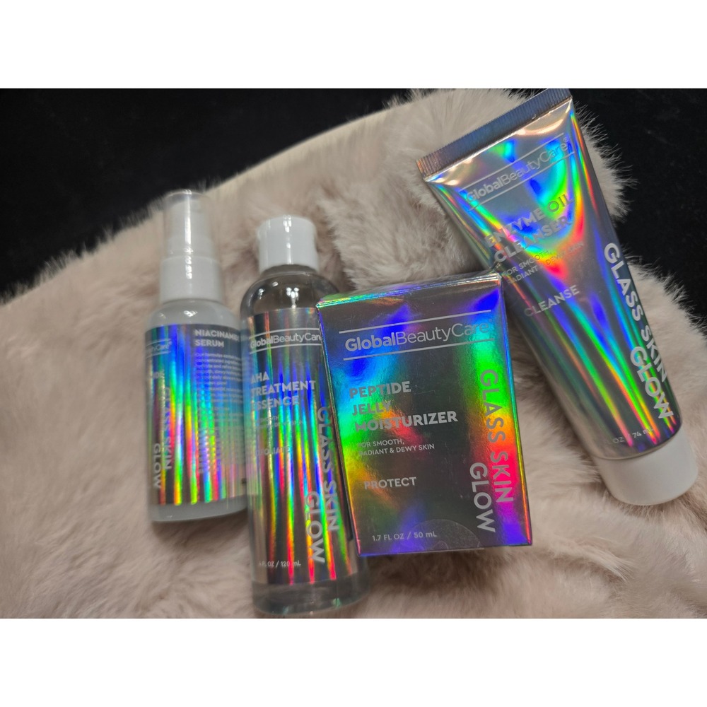 Global Beauty Care Glass Skin Glow 4pc Set Niacinamide AHA Peptide Enzyme Oil